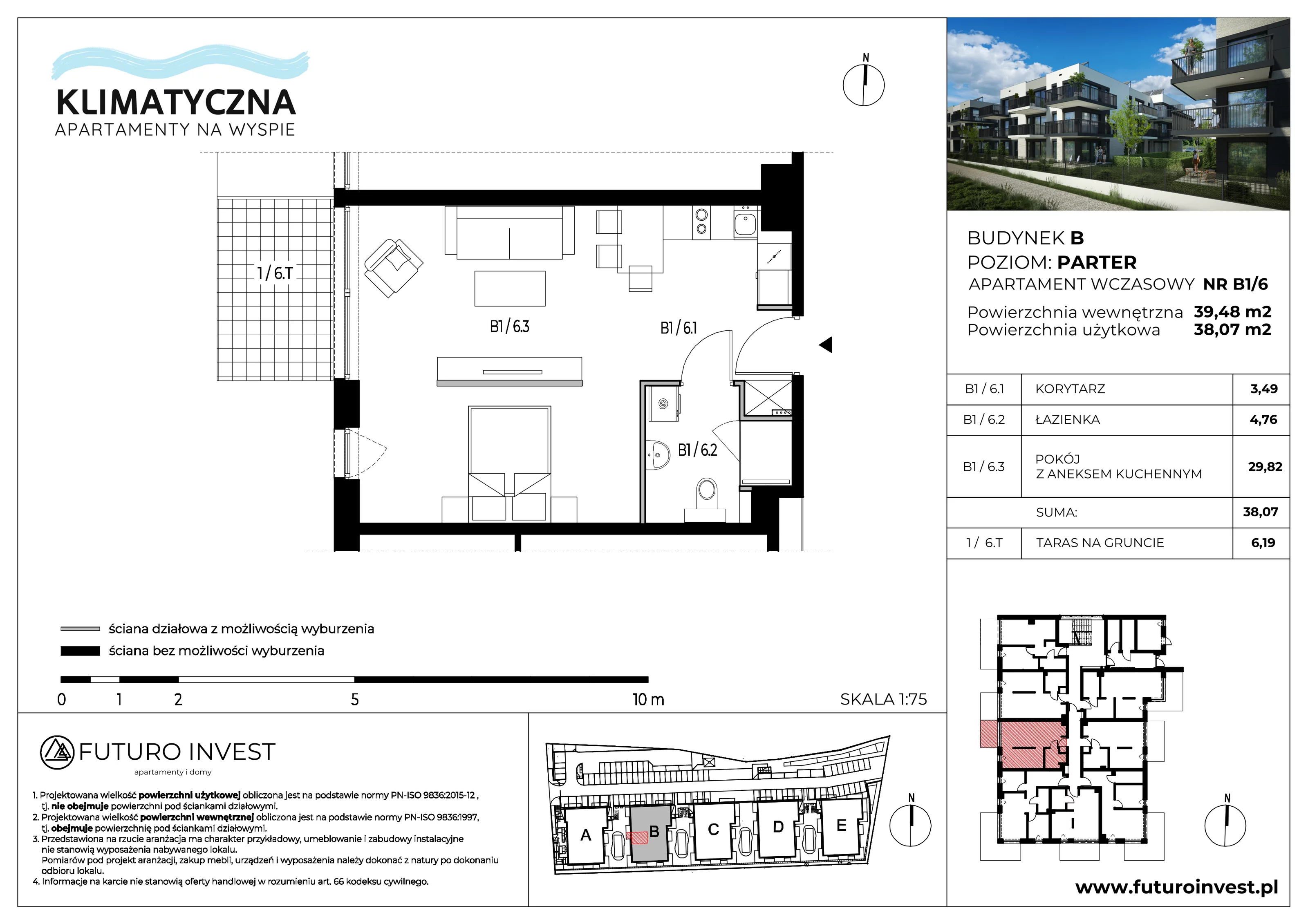 2 pokoje, apartament 38,07 m², parter, oferta nr B1/6, Apartamenty Klimatyczna, Gdańsk, Wyspa Sobieszewska, ul. Klimatyczna 88